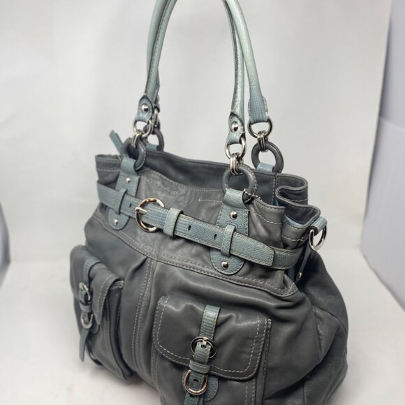 Coach Vintage Satchel | Extra Large Grey Leather Purse | Exotic Teal Accent Hand - Picture 9 of 12